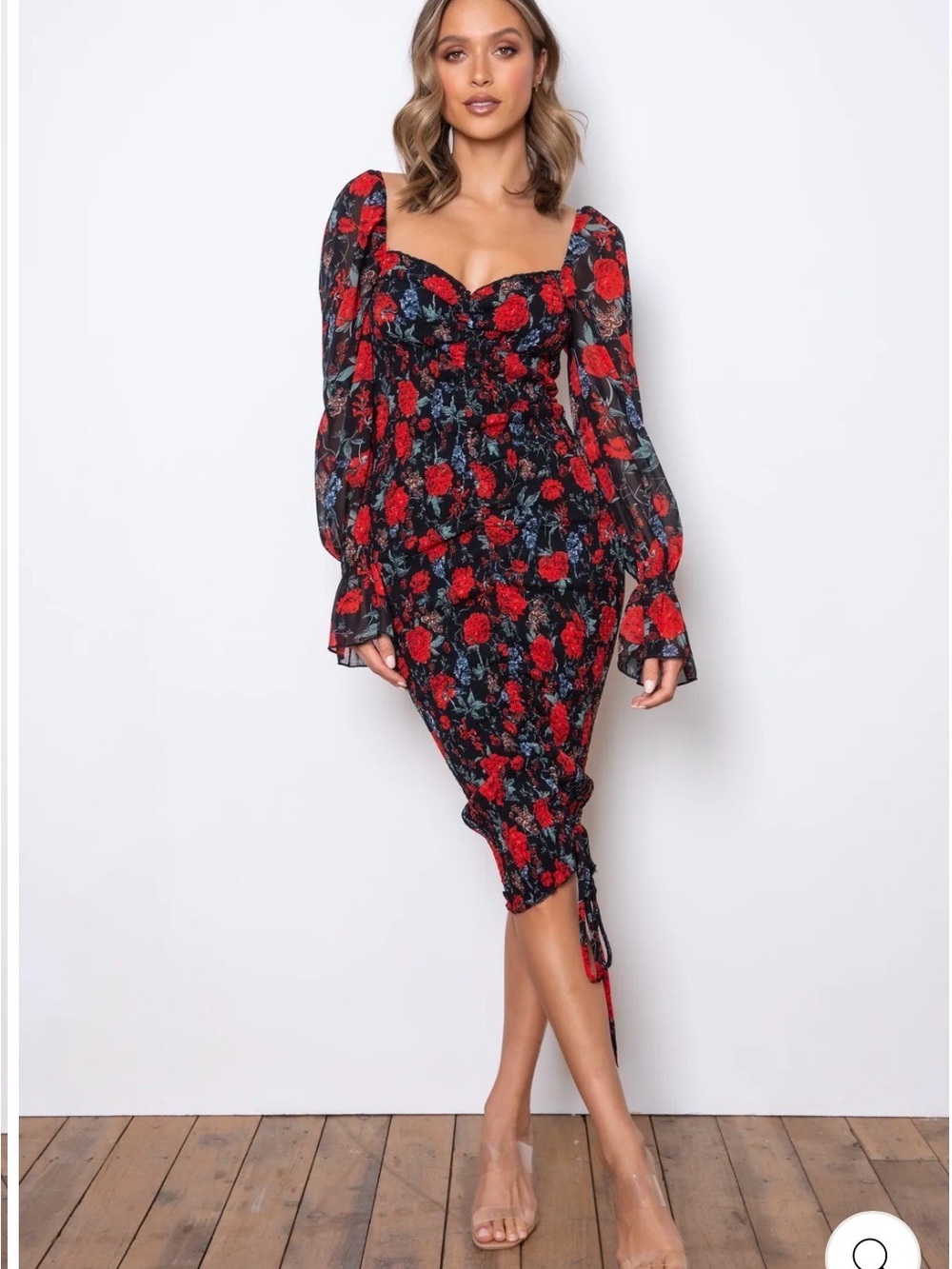 JAUS Red Floral Midi Dress with Square Neck and Long Sleeves